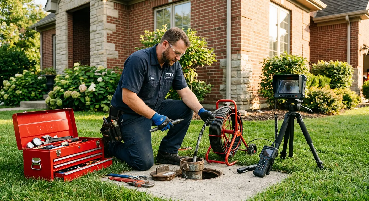 Sewer specialist with camera equipment servicing a cleanout in Aurora