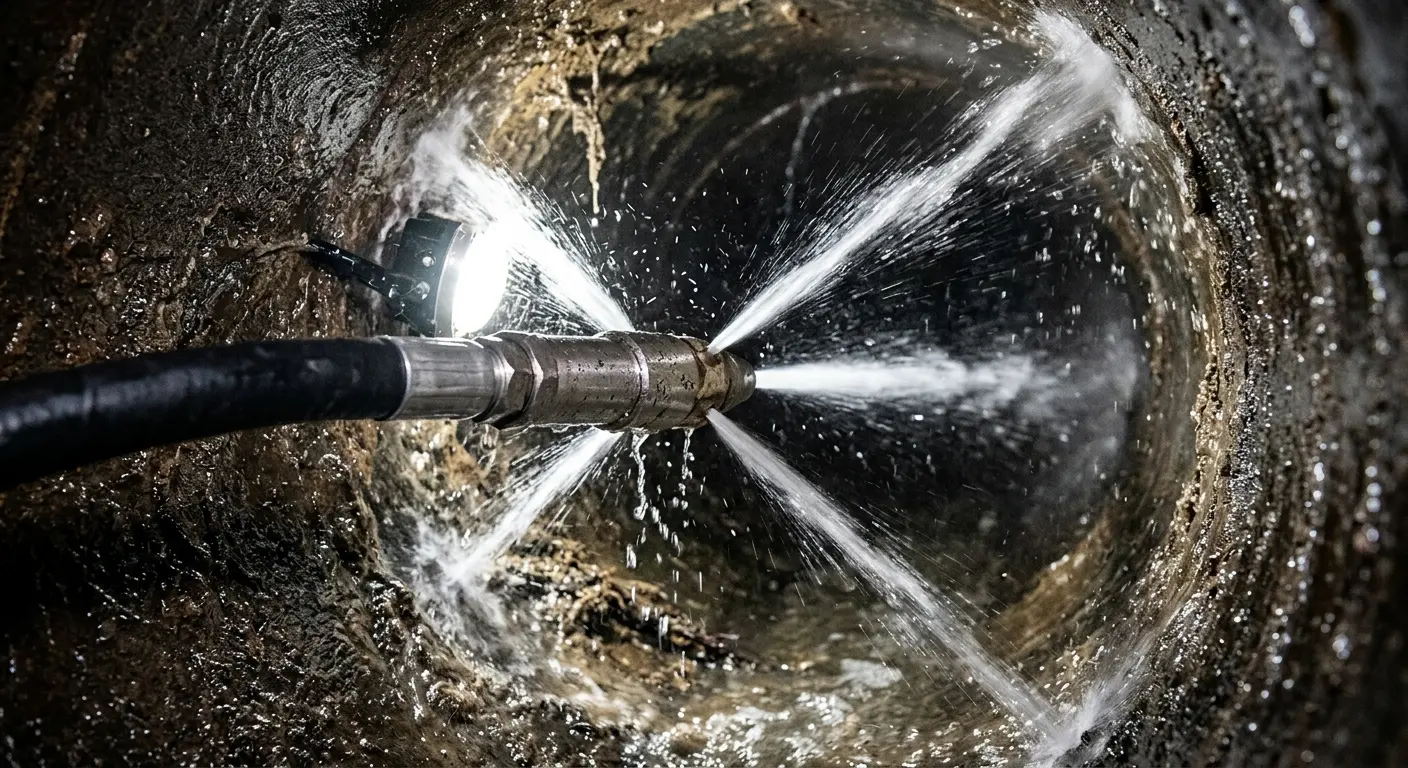 High-pressure hydro jetting nozzle cleaning sewer pipe for Trenchless Sewer Repair in Aurora