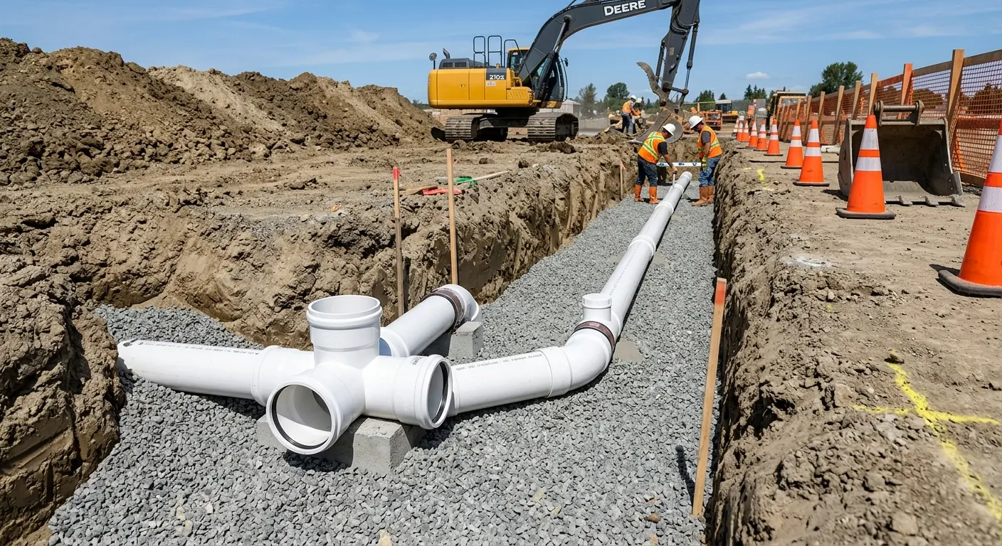 New PVC sewer pipe installation in open trench for Grease Trap Cleaning in Aurora