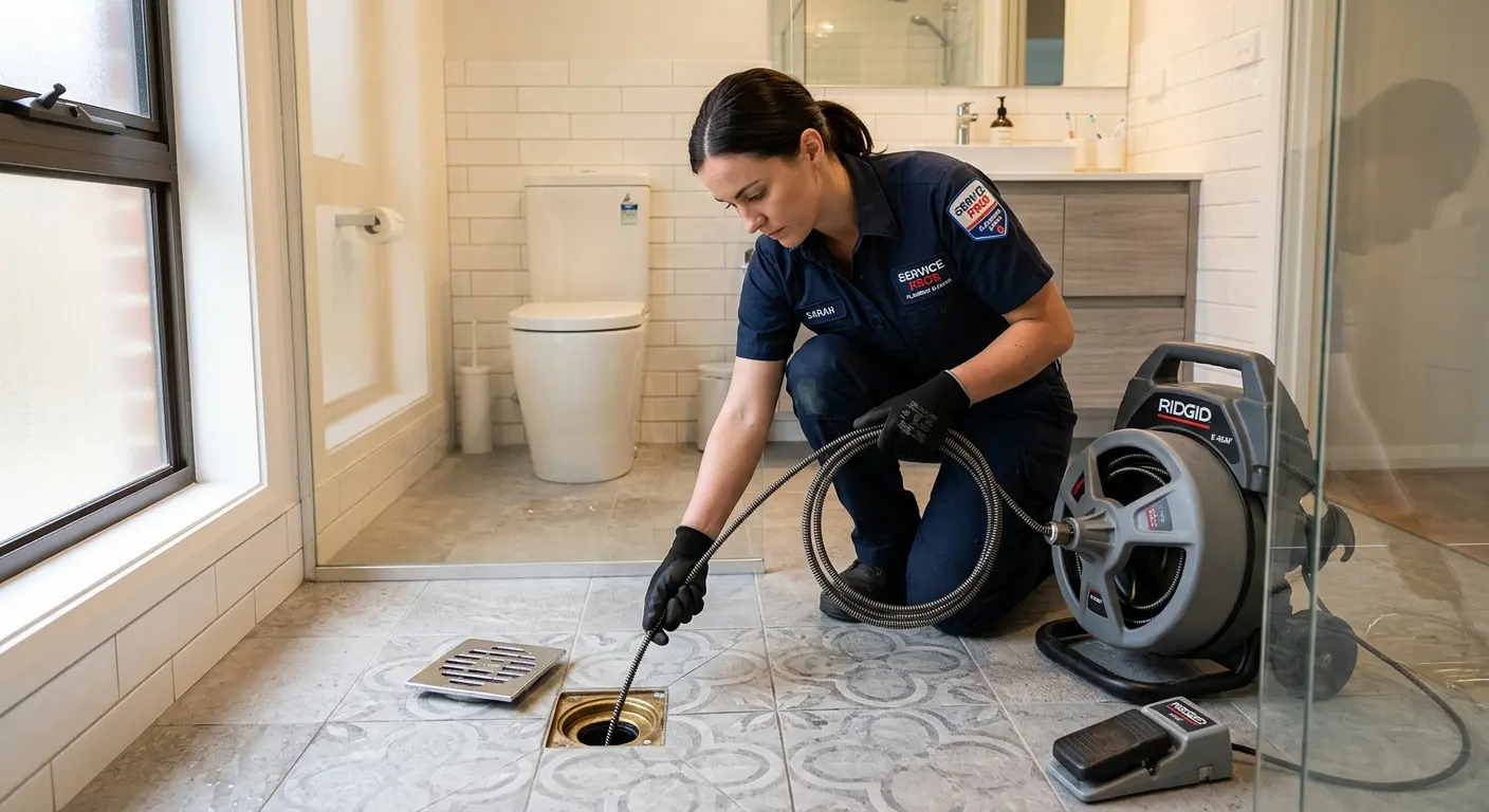 Technician clearing a bathroom floor drain for Sewer Line Replacement in Aurora